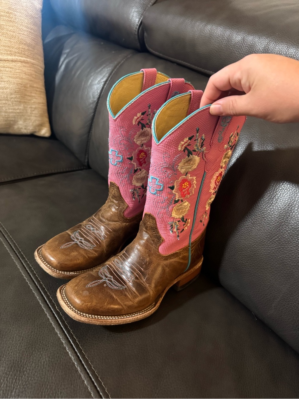 Macie Bean Pink and Brown Floral Embroidered Kids Cowboy Boots